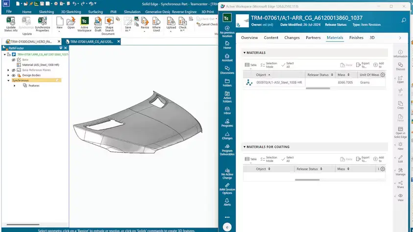 Captura de tela do Solid Edge com integração Teamcenter